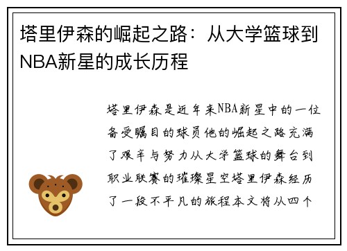 塔里伊森的崛起之路：从大学篮球到NBA新星的成长历程